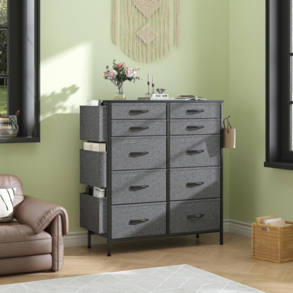 White Tall 10‑Drawer Fabric Dresser with 3 Side Pockets, Chest of Drawers with MDF Wood Top & Metal Frame, Anti‑Tip Storage Organizer for Bedroom Closet Living Room Dorm Office