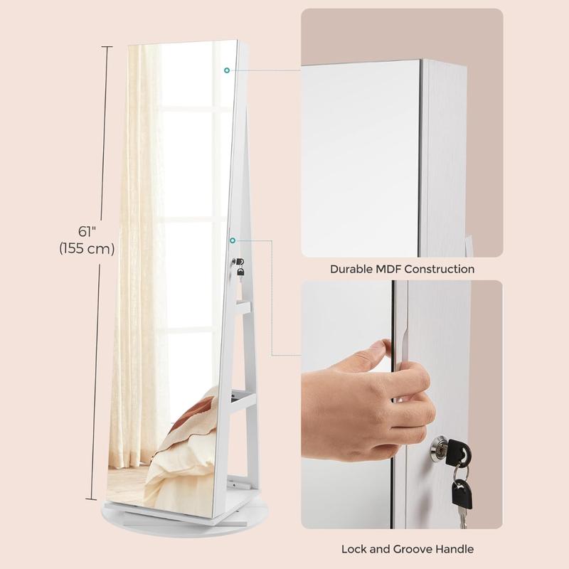 LED Full-Length Mirror Jewelry Cabinet, 360° Rotating Storage, Lockable Display Cabinet, Frameless Floor Standing Mirror, Rotatable Organizer with Shelves [Plus A Free Gift]