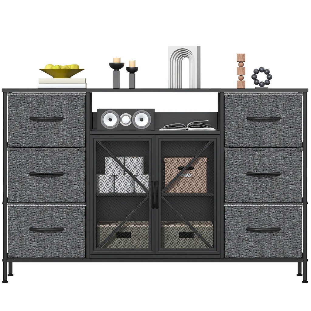 Fabric Storage Dresser with 6 Drawers, Sturdy Metal Frame Organizer Chest, Wooden Top & Mesh Cabinet Design, Versatile Home Furniture for Bedroom Living Room Hallway Entryway