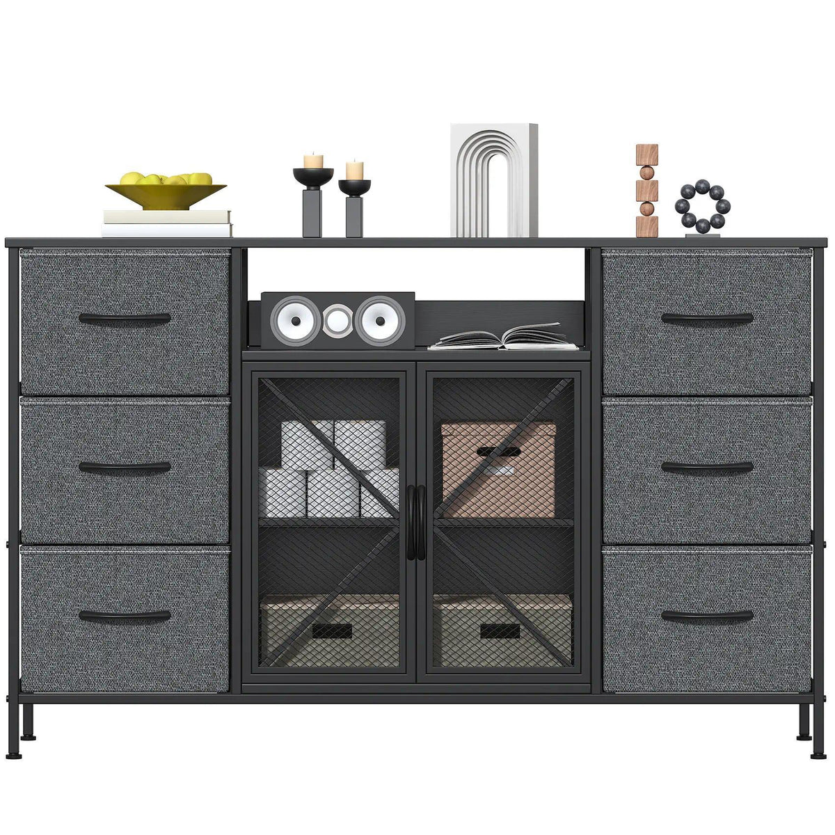 Fabric Storage Dresser with 6 Drawers, Sturdy Metal Frame Organizer Chest, Wooden Top & Mesh Cabinet Design, Versatile Home Furniture for Bedroom Living Room Hallway Entryway