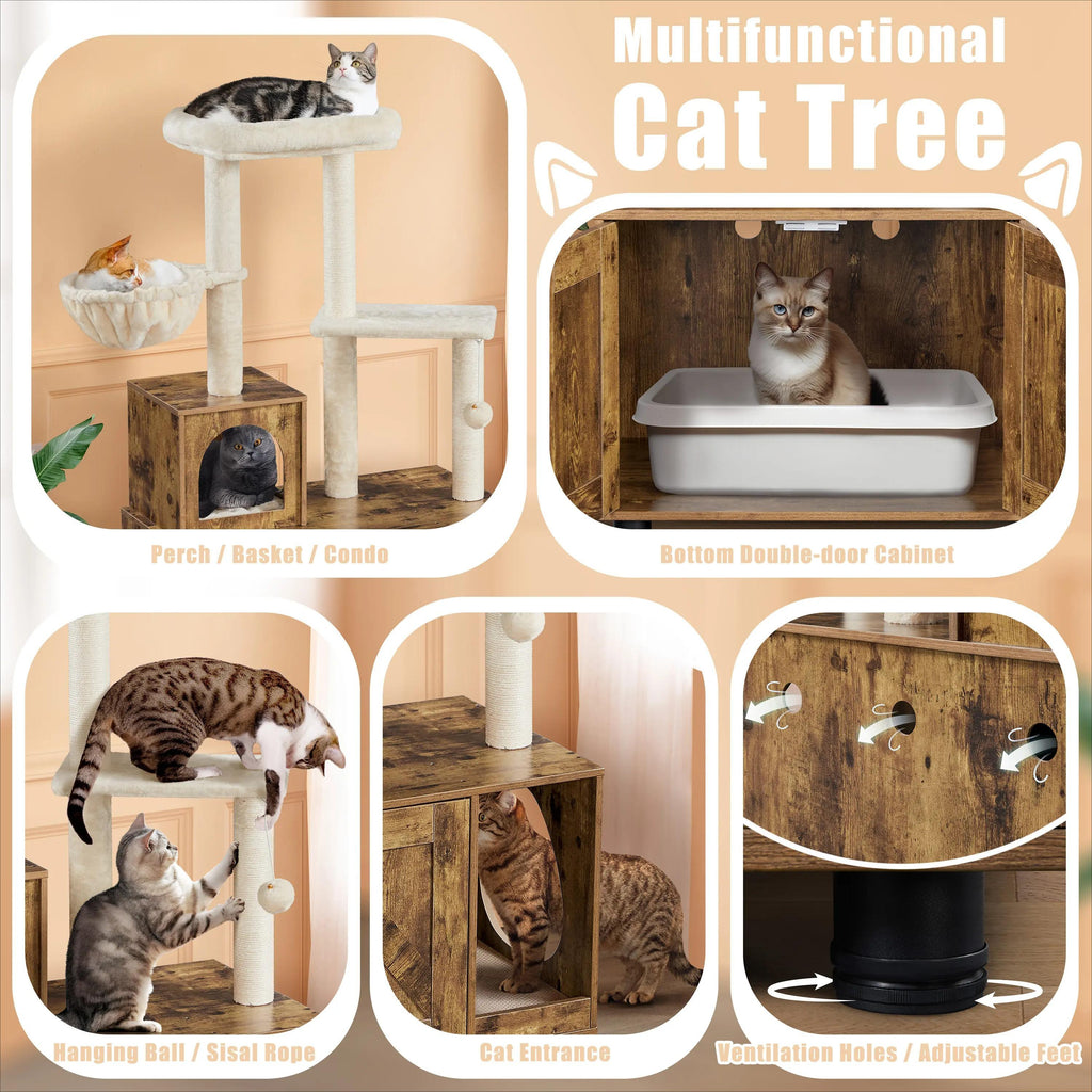 Cat Tree Tower with Hidden Litter Box Enclosure, All‑in‑One Wooden Cat Furniture for Indoor Large Cats, Kitty Washroom Cabinet with Condo, Hammock, Sisal Scratching Posts, Top Perch Platform, Multi‑Level Pet Kitten House