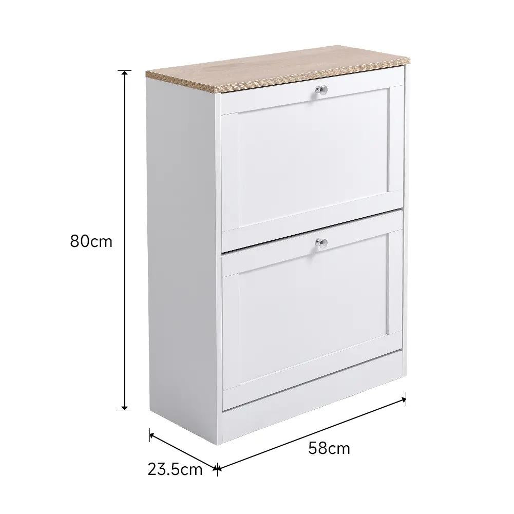 58cm Wide Shoe Storage Cabinet with 2 Flip‑Down Drawers, White Wooden Narrow Shoe Organizer, Slim Hidden Footwear Storage Cabinet for Entryway Hallway Living Room, Holds Up to 12 Pairs of Shoes