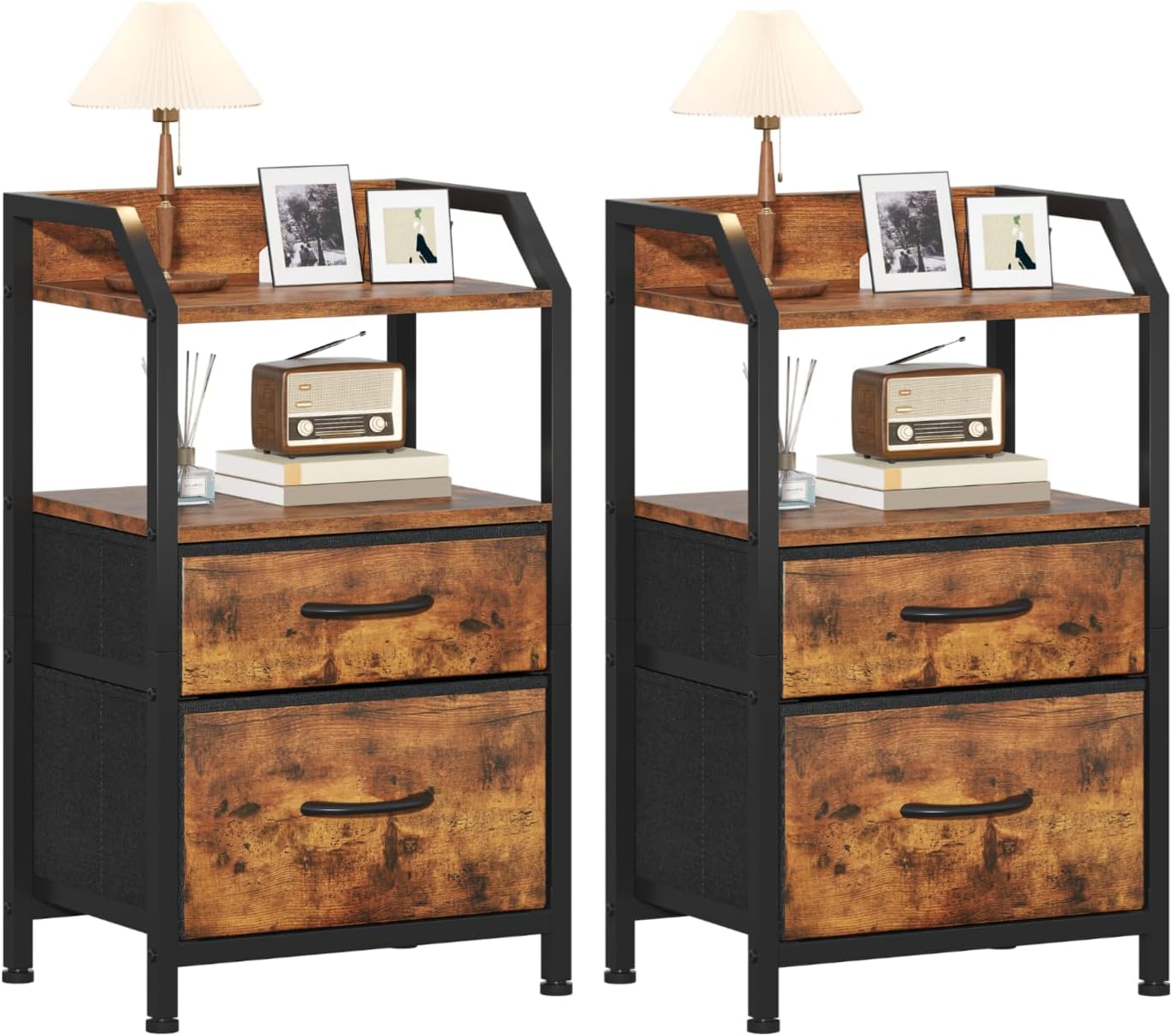 Set of 2 Rustic Industrial Nightstands, Wood and Metal Bedside Table with Drawers & 2 Open Storage Shelves, Multi-Purpose End Table Sofa Side Table, Bedside Organizer Cabinet for Bedroom Living Room Small Spaces