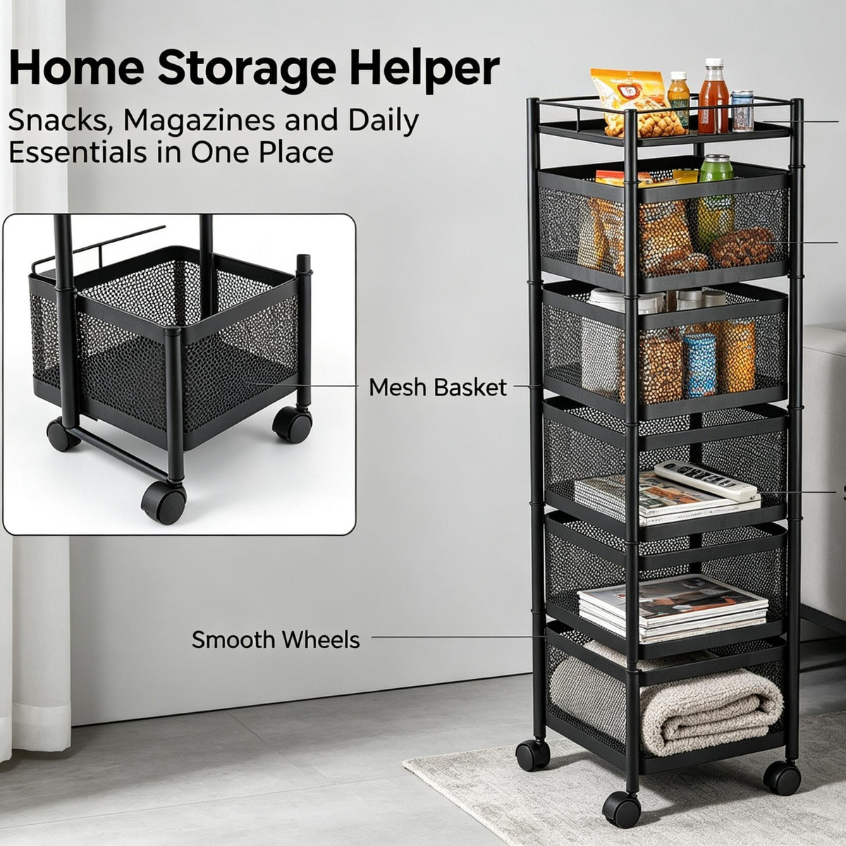 6 Tier Kitchen Rotating Storage Trolley Cart, Metal Mobile Rolling Shelf Rack Organizer with Drawers & Moveable Baskets, Multi‑Purpose Utility Cart for Vegetable Fruit Pantry Kitchen Supplies Home Storage