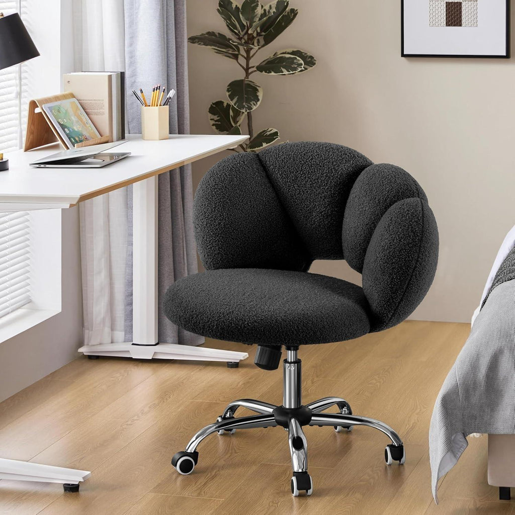 Cloud Shaped Teddy Boucle Vanity Chair, Armless Swivel Makeup Desk Chair with Adjustable Height & Rolling Wheels, Upholstered Accent Chair for Bedroom Dorm, Home Office & Living Room