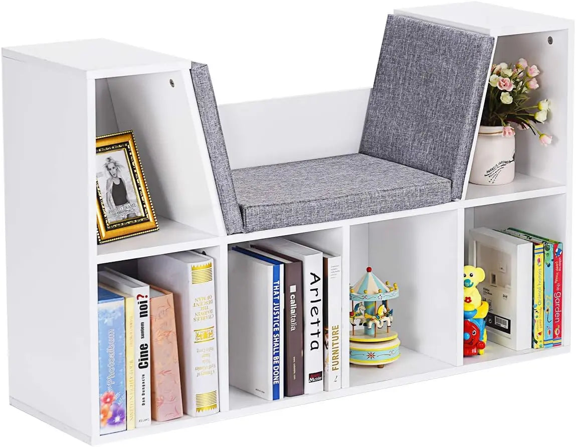 COSTWAY 6-Cube Kids Bookcase, Wooden Display Shelving Unit Organizer with Cushioned Reading Nook, Multi-Functional Storage Shelf Cabinet