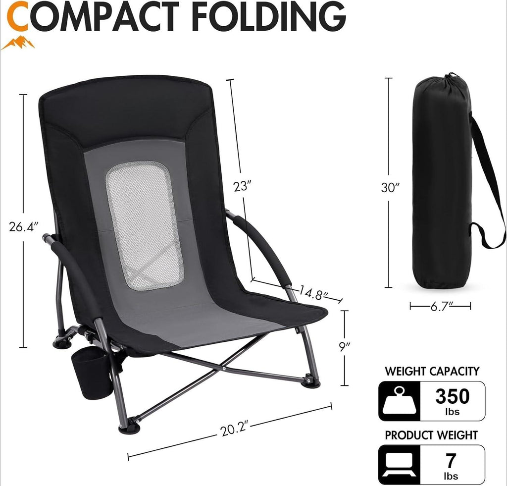 CZHMBM Folding Beach Chairs Low Lightweight Portable for Adults Foldable Beach Seat Camping Festival Picnic Deck Chair Outdoor Collapsible with Cupholder Mesh Back Padded Armrests Supports 150KG