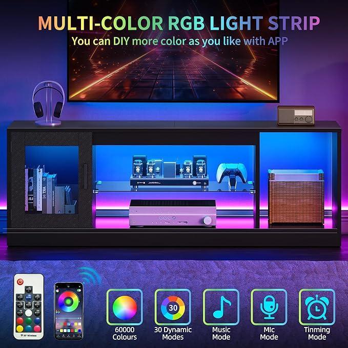 【NS】TV Cabinet Stand Unit, Modern Style TV Table for Flat Screens Up to 65 Inch, Open Adjustable Glass Storage Shelves for Living Room, Gaming, Entertainment Room, Hallway, Bedroom