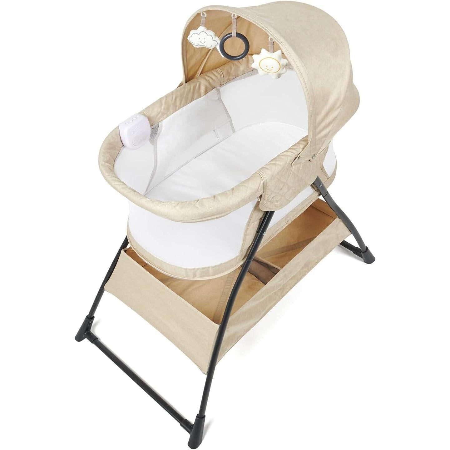 Sleepy Portable Side Crib & Moses Basket, Foldable Baby Sleeper with Gentle Vibration, Soothing Lullabies, Padded Mattress, Removable Canopy & Toys, Breathable Mesh Nursery Bed for Newborn