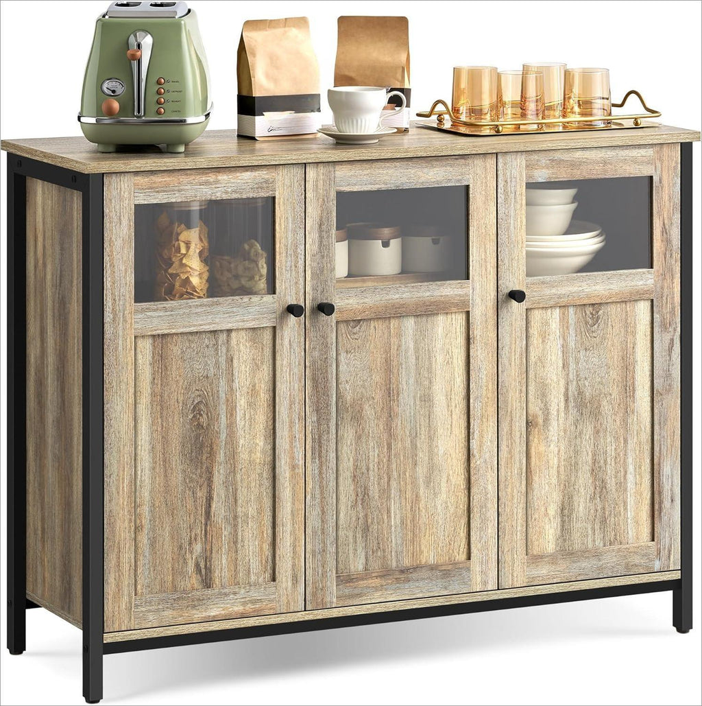 Industrial Style Sideboard Buffet Cabinet, Glass & Solid Panel Storage Cabinet with Adjustable Shelf and Robust Steel Frame, Modern Multipurpose Accent Furniture for Kitchen, Hallway, Living Room and Dining Room Decor