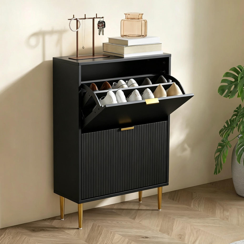 Narrow Shoe Cabinet with 2 Flip Drawers, Modern Slim Shoe Storage Cabinet with Fluted Doors, Gold Handles & Adjustable Shelves, Freestanding Shoe Organizer for Hallway Entryway, Holds 12 Pairs of Shoes