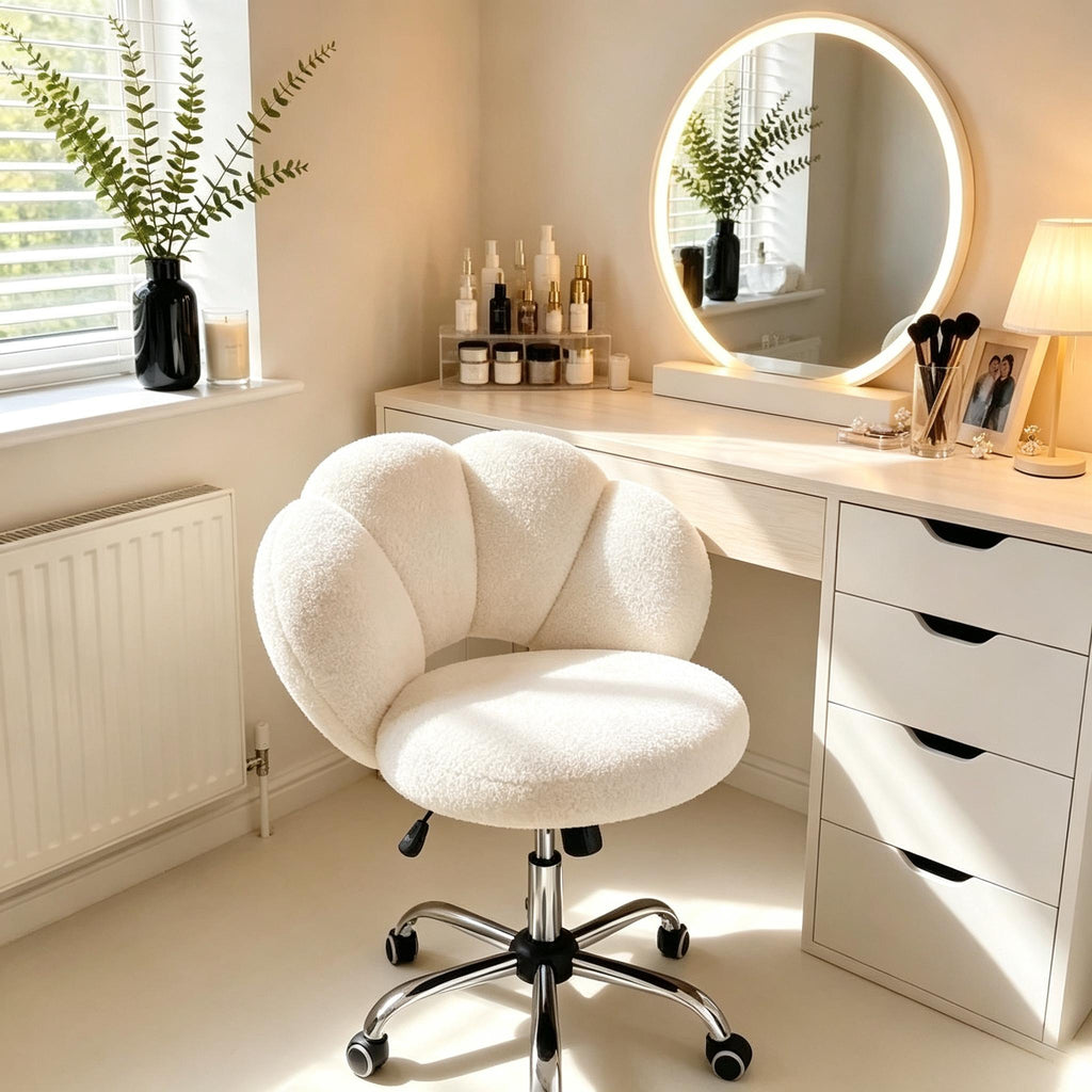 Cloud Shaped Teddy Boucle Vanity Chair, Armless Swivel Makeup Desk Chair with Adjustable Height & Rolling Wheels, Upholstered Accent Chair for Bedroom Dorm, Home Office & Living Room
