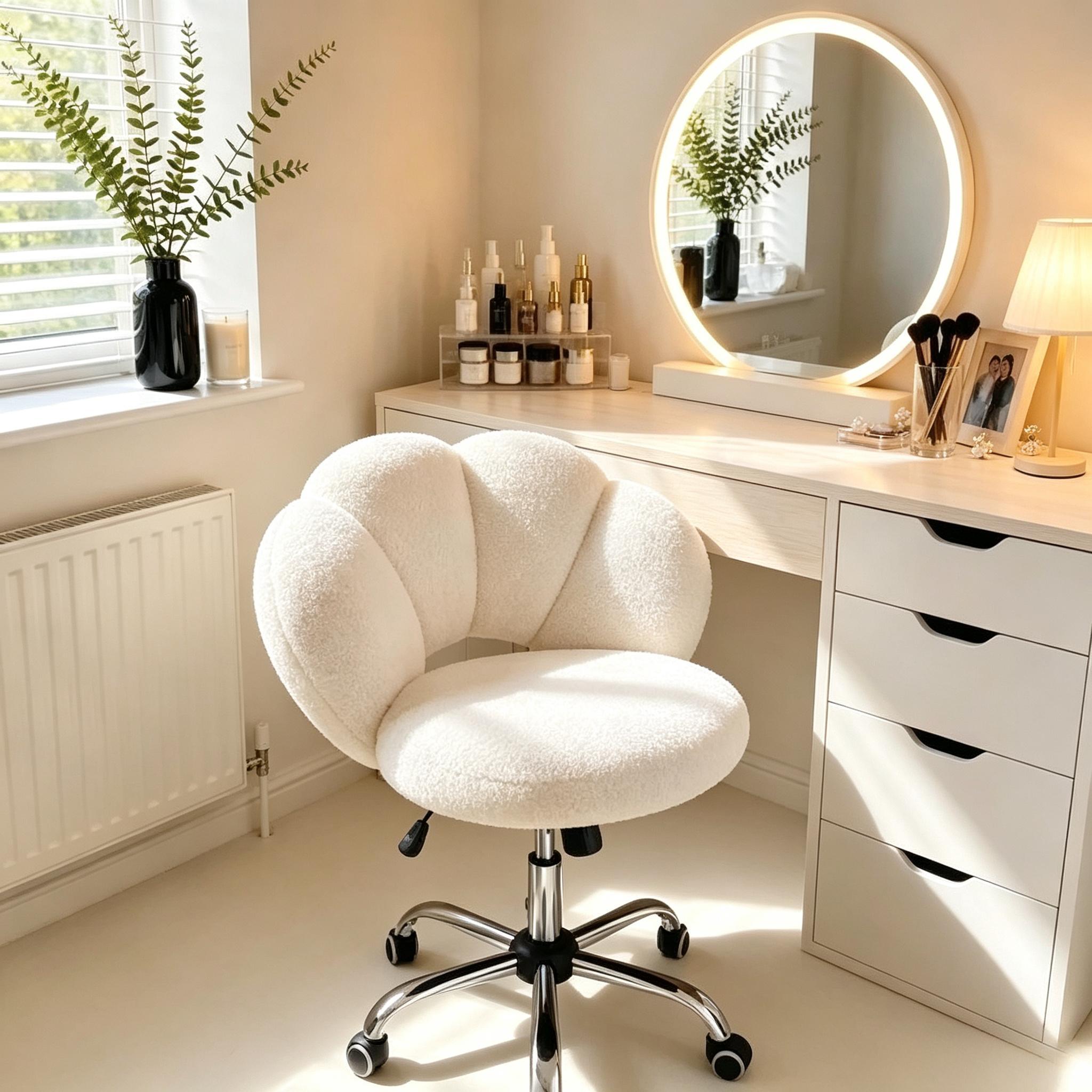 Cloud Shaped Teddy Boucle Vanity Chair, Armless Swivel Makeup Desk Chair with Adjustable Height & Rolling Wheels, Upholstered Accent Chair for Bedroom Dorm, Home Office & Living Room