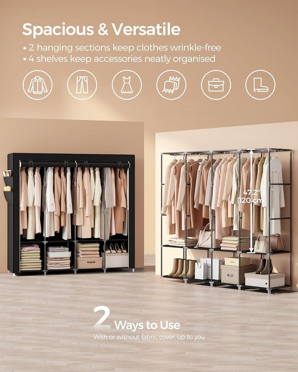 Large Portable Wardrobe Closet - 170x45x167cm | 4 Hanging Rails, Shelves & 4 Side Pockets | Heavy Duty Garment Organizer | For Bedroom, Living Room | Black