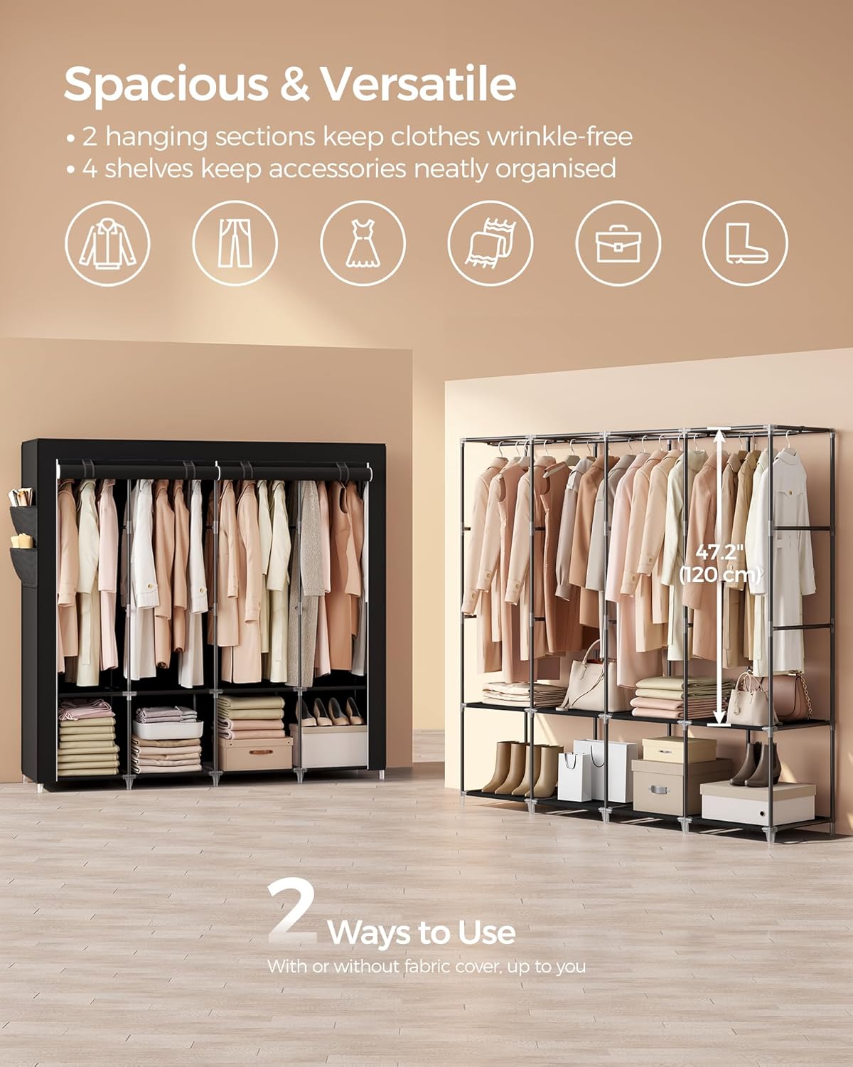 Large Portable Wardrobe Closet - 170x45x167cm | 4 Hanging Rails, Shelves & 4 Side Pockets | Heavy Duty Garment Organizer | For Bedroom, Living Room | Black