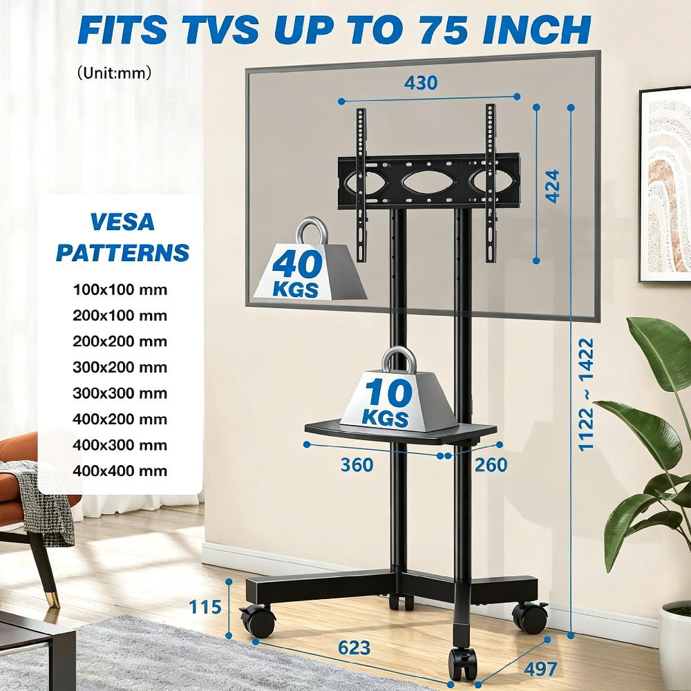 Mobile TV Stand with Wheels for 32-75 Inch Flat Screen TVs, Height-Adjustable Corner Floor Stand with Storage Shelf, Max VESA 400x400mm, Supports up to 40kg, Black [Plus A Free Gift]
