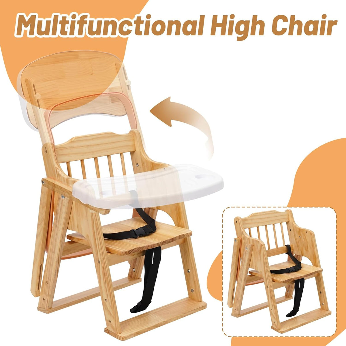 Christmas Gift! 4-in-1 Foldable Wooden High Chair for Babies & Toddlers - Adjustable Height & Footrest, Safety Harness, Detachable Easy-Clean Tray with Soft Cushion, Natural Wood Color