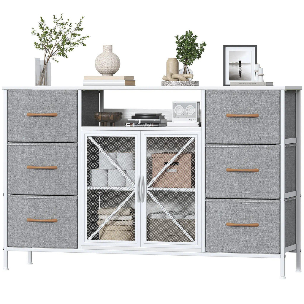 Fabric Storage Dresser with 6 Drawers, Sturdy Metal Frame Organizer Chest, Wooden Top & Mesh Cabinet Design, Versatile Home Furniture for Bedroom Living Room Hallway Entryway