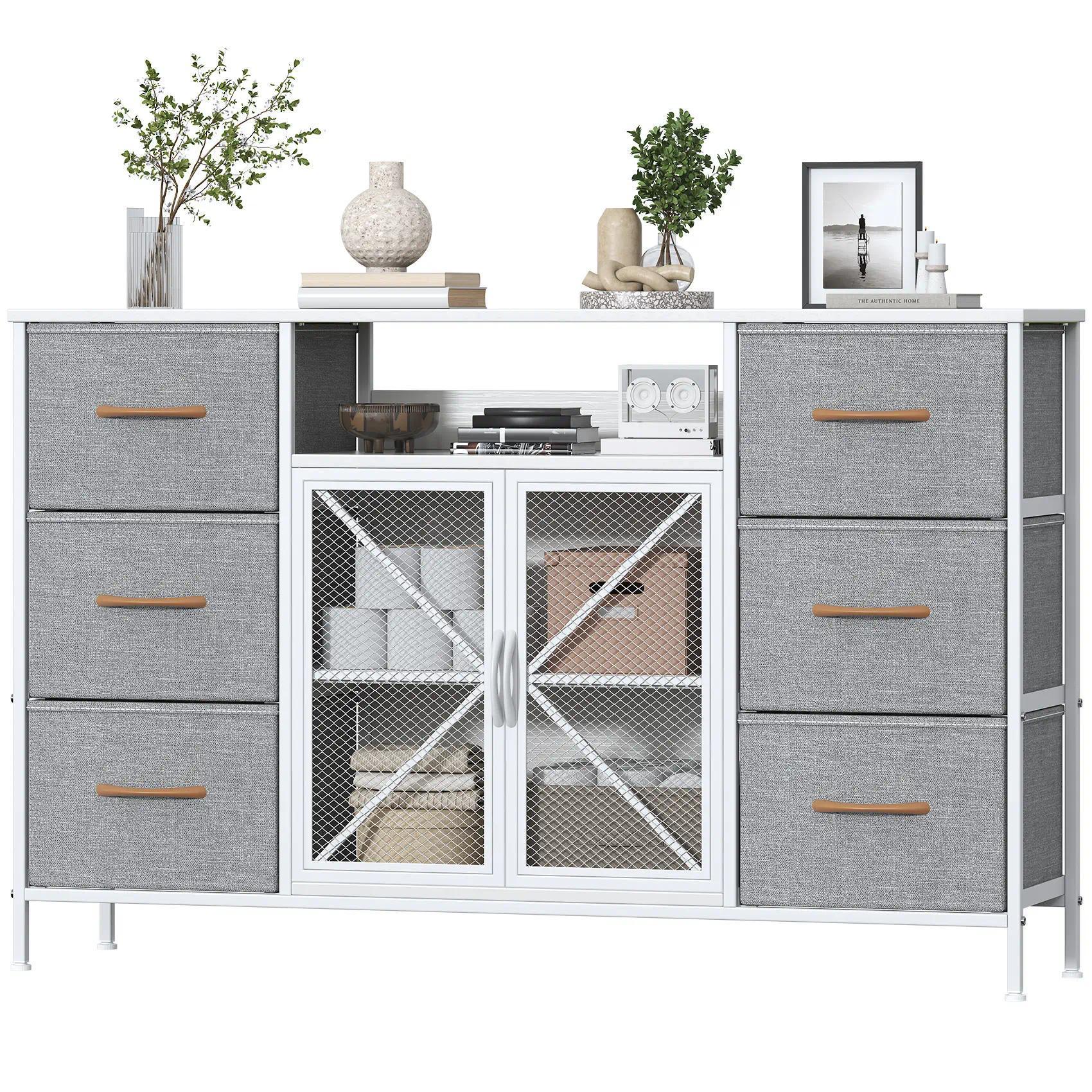 Fabric Storage Dresser with 6 Drawers, Sturdy Metal Frame Organizer Chest, Wooden Top & Mesh Cabinet Design, Versatile Home Furniture for Bedroom Living Room Hallway Entryway