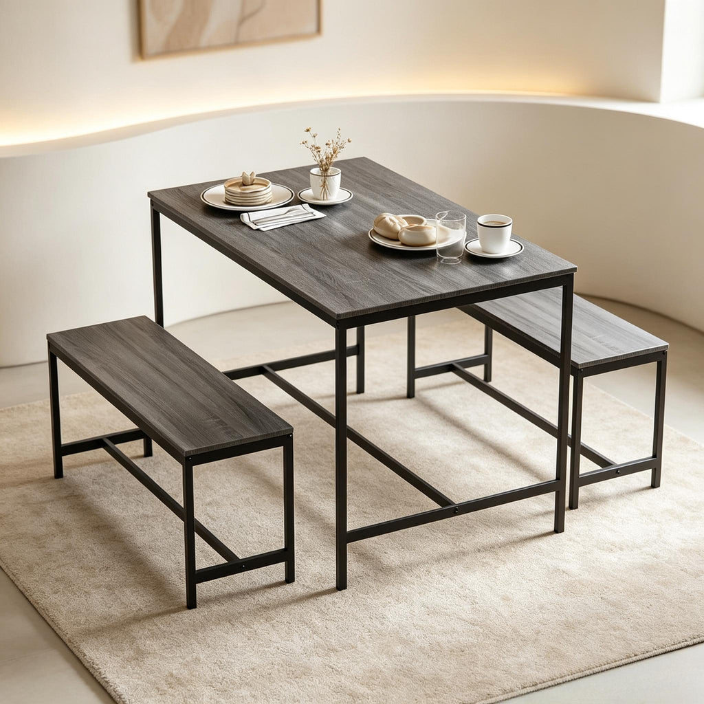 Industrial 3‑Piece Dining Table & Bench Set, 4‑Seater Space‑Saving Kitchen Dining Furniture, Heavy‑Duty Powder‑Coated Metal Frame & Durable MDF Tabletop for Dining Room, Small Apartment