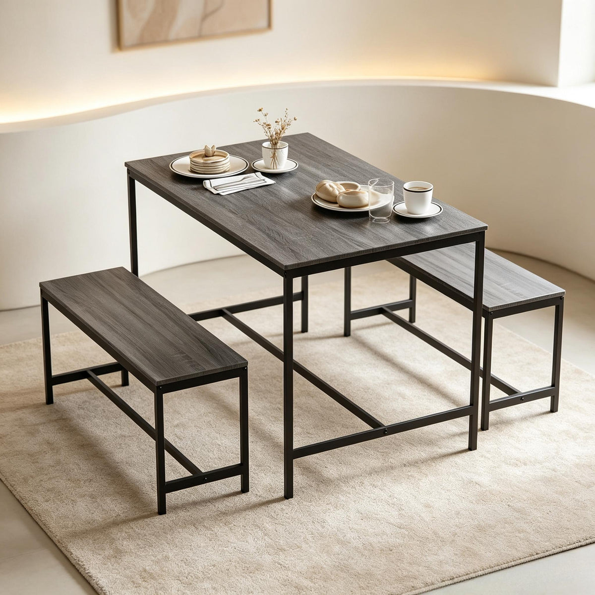 Industrial 3‑Piece Dining Table & Bench Set, 4‑Seater Space‑Saving Kitchen Dining Furniture, Heavy‑Duty Powder‑Coated Metal Frame & Durable MDF Tabletop for Dining Room, Small Apartment