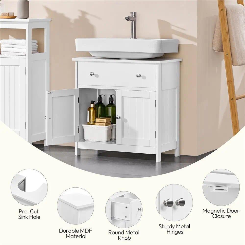 White Under Sink Bathroom Cabinet, Freestanding Storage Unit with 2 Doors and Divided Drawers, Compact for Small Spaces, 60x30x60 cm [Plus A Free Gift]