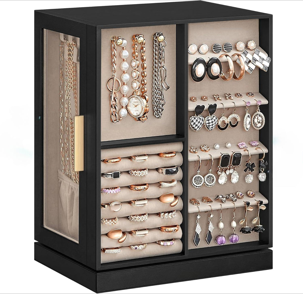 Luxury Cloud 360° Rotating Jewellery Box Organiser, Vertical Large Capacity Jewellery Display Case with 5 Drawers Transparent Window, Open Design Spacious Jewelry Storage Box, Elegant Gift for Women Girls Dresser Desktop Decor