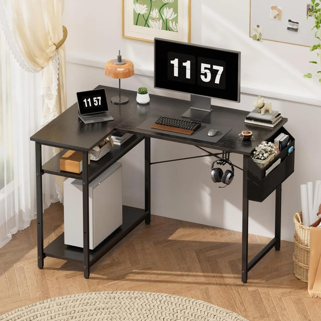 Small L‑Shaped Corner Gaming Desk, Reversible Storage Shelves Computer Desk with Storage Bag & Headphone Hook, Home Office Workstation for Study Writing Gaming