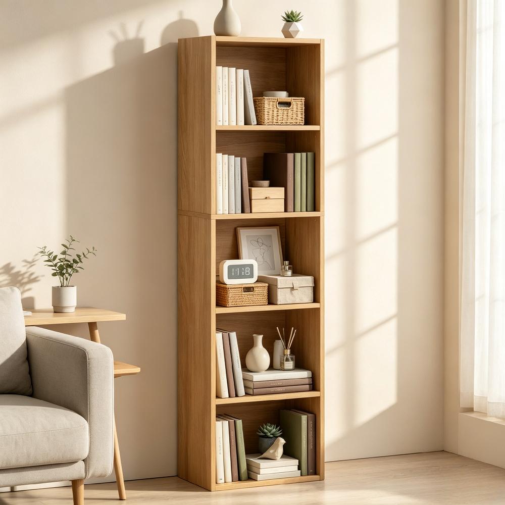 5-Tier Cube Bookcase, Solid Oak Wood Shelving Unit, Modern Display Storage Rack for Living Room Home Office [Plus A Free Gift]
