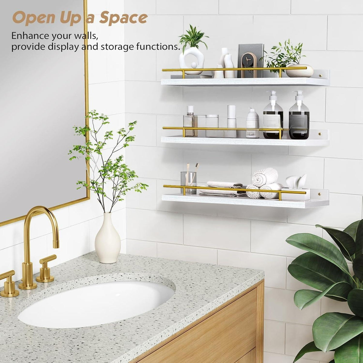 3 Set Floating Wall Mounted Wood Shelves - Versatile Picture Ledge Display Racks & Spice Racks, Decorative Wooden Wall Shelves Ideal for Bathroom, Living Room, Kitchen, Home Office & Laundry Room, Space-Saving Home Storage Decor
