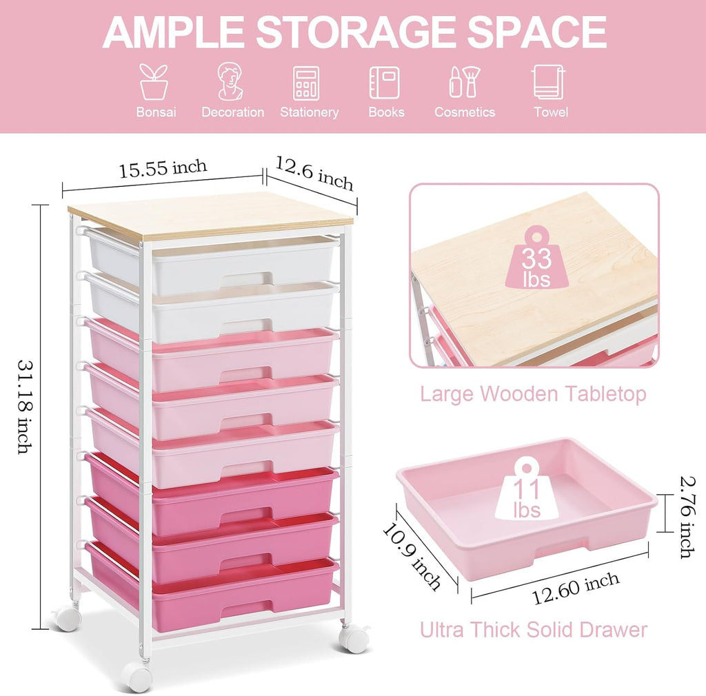 Multipurpose 8 Drawer Rolling Storage Trolley, Mobile Plastic Drawer Organizer Cart with Lockable Wheels, Versatile Utility Storage Unit for Home, Bedroom, Classroom and Beauty Salon