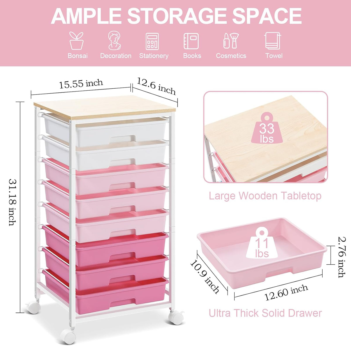 Multipurpose 8 Drawer Rolling Storage Trolley, Mobile Plastic Drawer Organizer Cart with Lockable Wheels, Versatile Utility Storage Unit for Home, Bedroom, Classroom and Beauty Salon