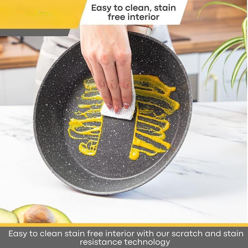 CZHMBM  Non Stick Pots and Pans Set Induction Hob Compatible Cookware with Lids Heat Resistant Easy Clean Durable Kitchenware for Home Cooking Copper Finish Wooden Handles - Oil