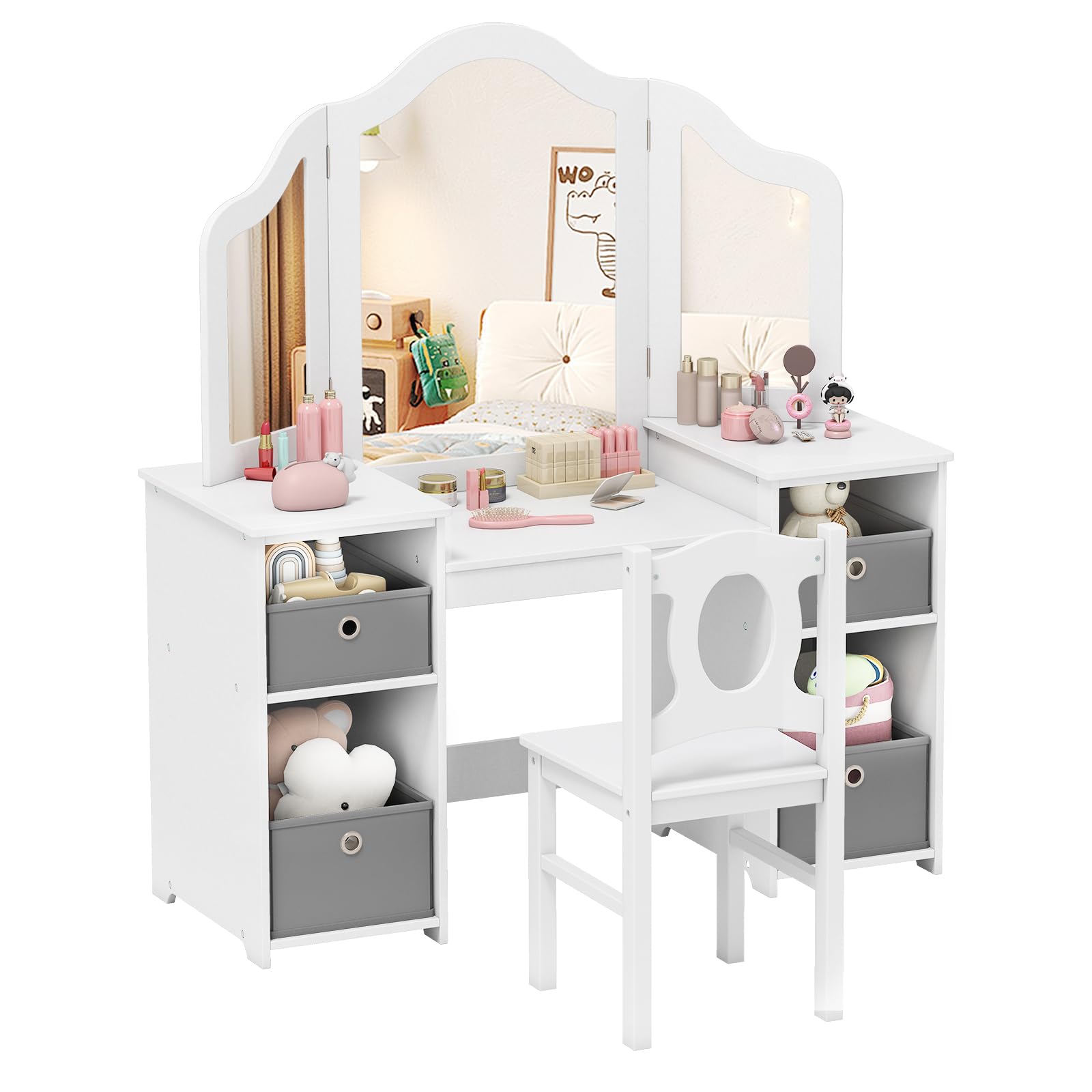 【NS】Kids Vanity Table and Stool Set, Princess Makeup Dressing Tables with Tri-Folding Detachable Mirror, 4 Storage Shelves, Wooden Children Study Desk for 3+ Years Old (White with Grey Bins)