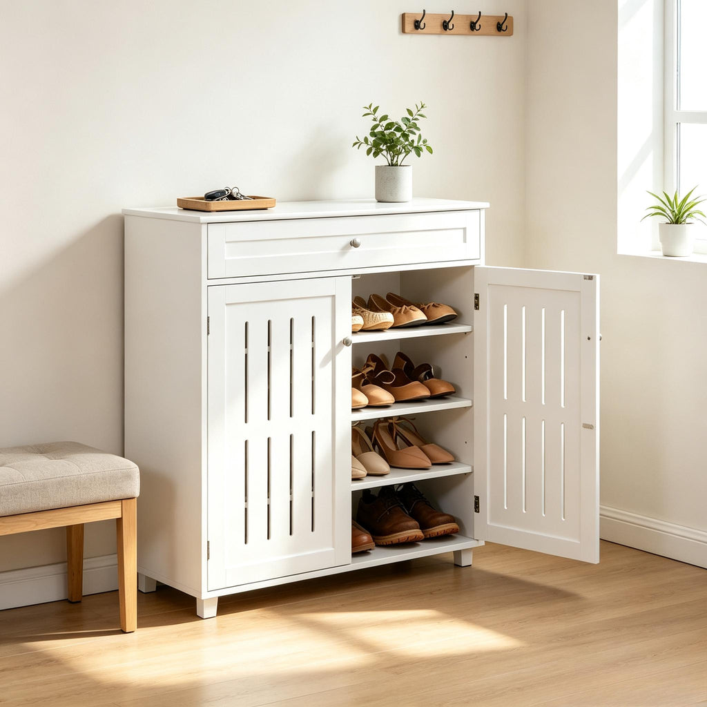 Freestanding Wooden Shoe Storage Cabinet, 4‑Tier Shoe Organiser with Drawer & Doors, Adjustable Shelves, Anti‑Tipping Design, Holds 15‑18 Pairs Shoes for Entryway Hallway Bedroom