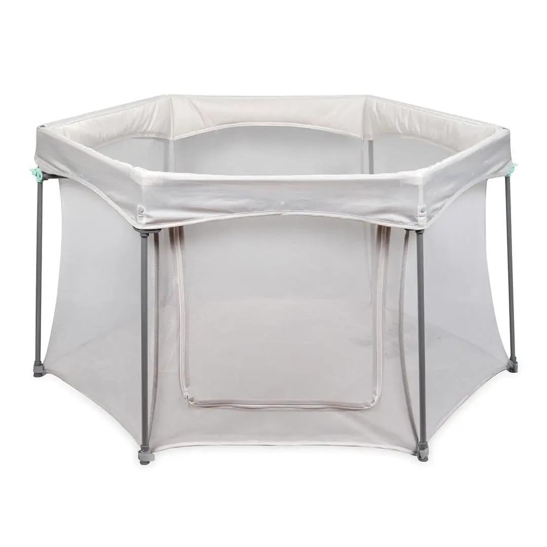 Foldable Hexagonal Baby Playpen with Breathable See-Through Mesh & Zipper Access Door, Compact 110×110CM Spill Resistant Play Yard with Carry Bag, Easy Wipe Clean Toddler Play Fence for Indoor Home Outdoor Park Travel