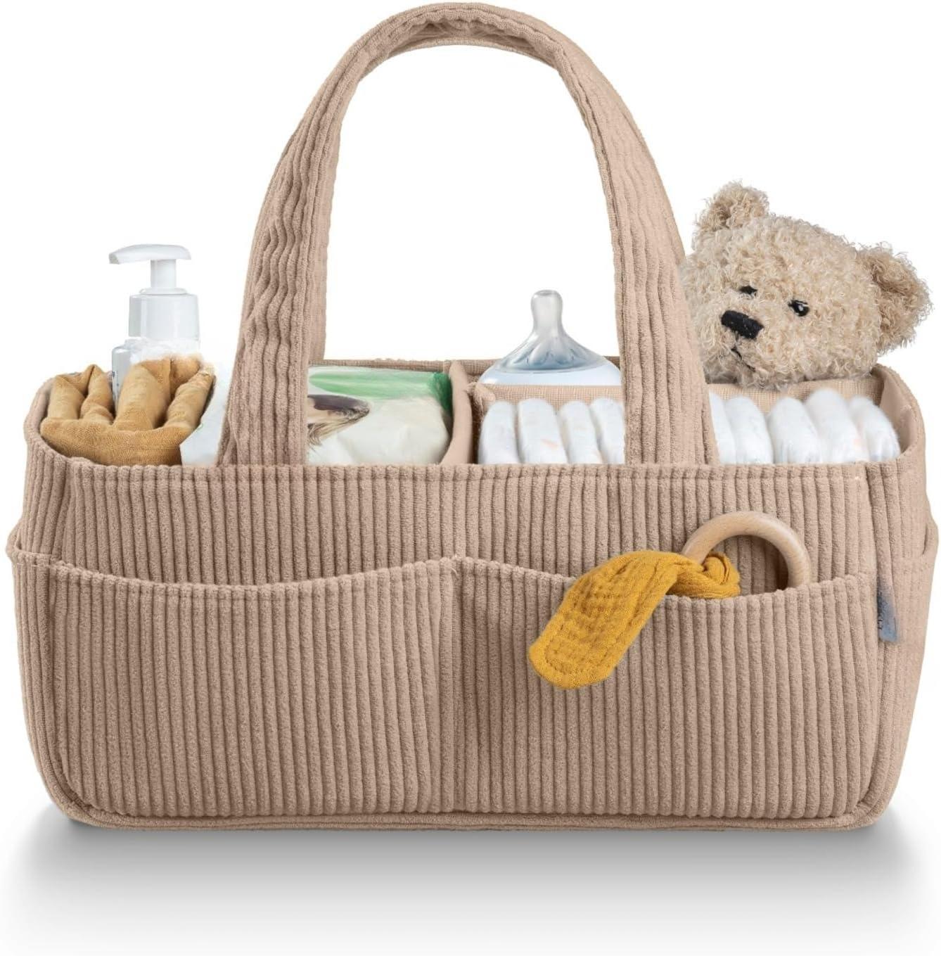 Baby Diaper Caddy Organizer for Changing Table – Stylish Nursery Storage Basket, Newborn Essentials, Baby Shower Gifts and Registry Must-Haves for Boy or Girl, Car Diaper Caddy, Corduroy Mocha