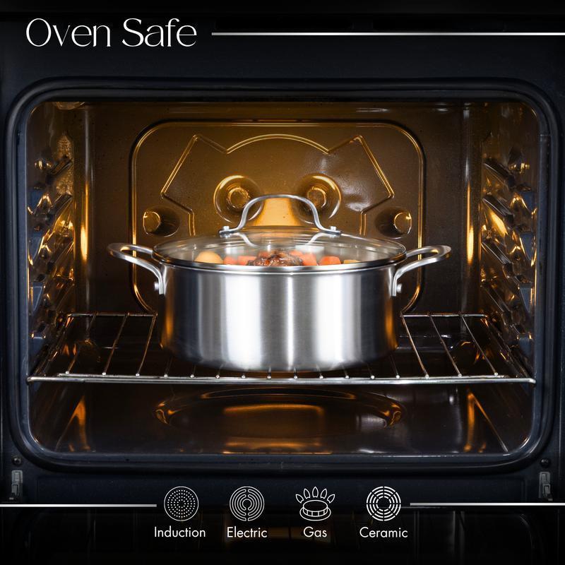 8Pcs Tri‑Ply Stainless Steel Cookware Set, Cooking Pots & Frying Pans with Glass Lids, Universal for Induction Gas Stove, Durable Kitchen Saucepan Set for Home Daily Cooking