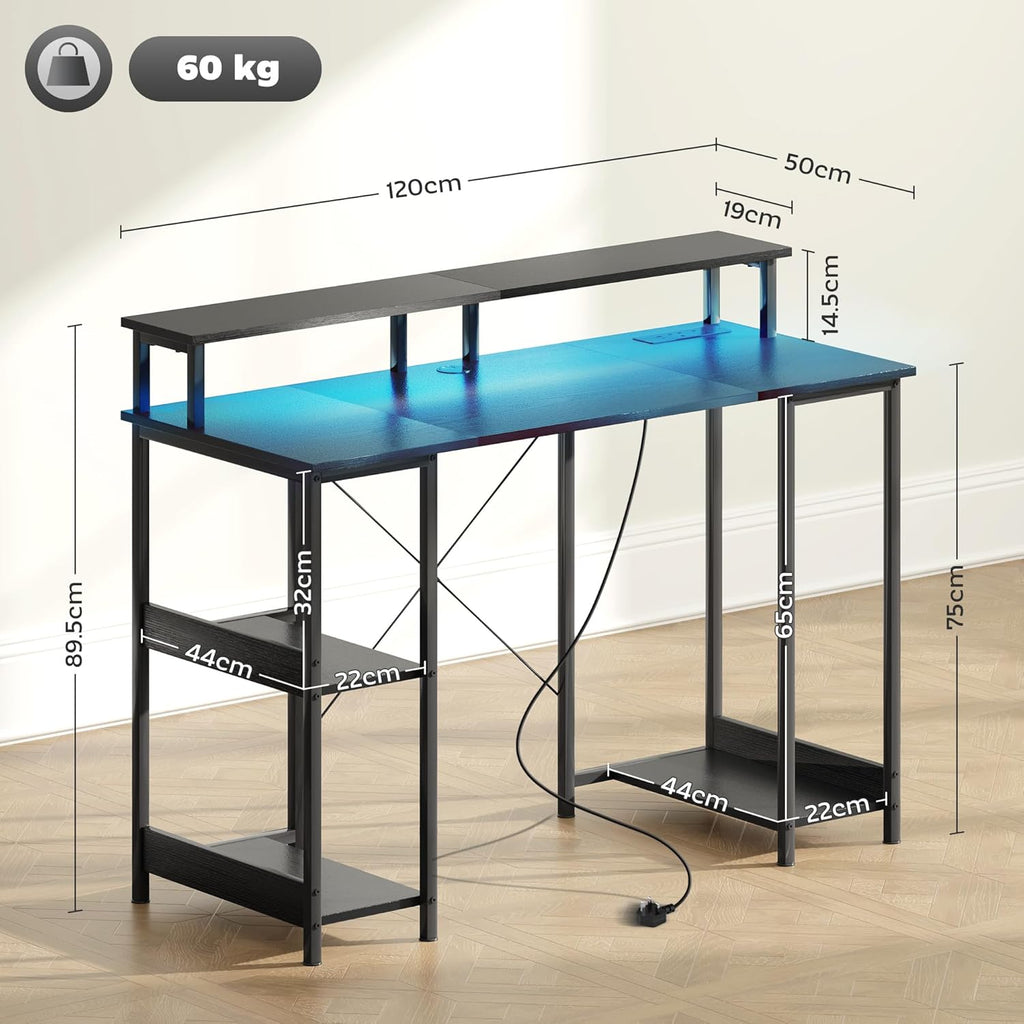 【NS】Computer Desk with Power Outlets and LED Lights, 120 x 50cm Reversible Home Office Desk with Monitor Stand and 2-Tier Storage Shelves, PC Table with Cable Management, Black