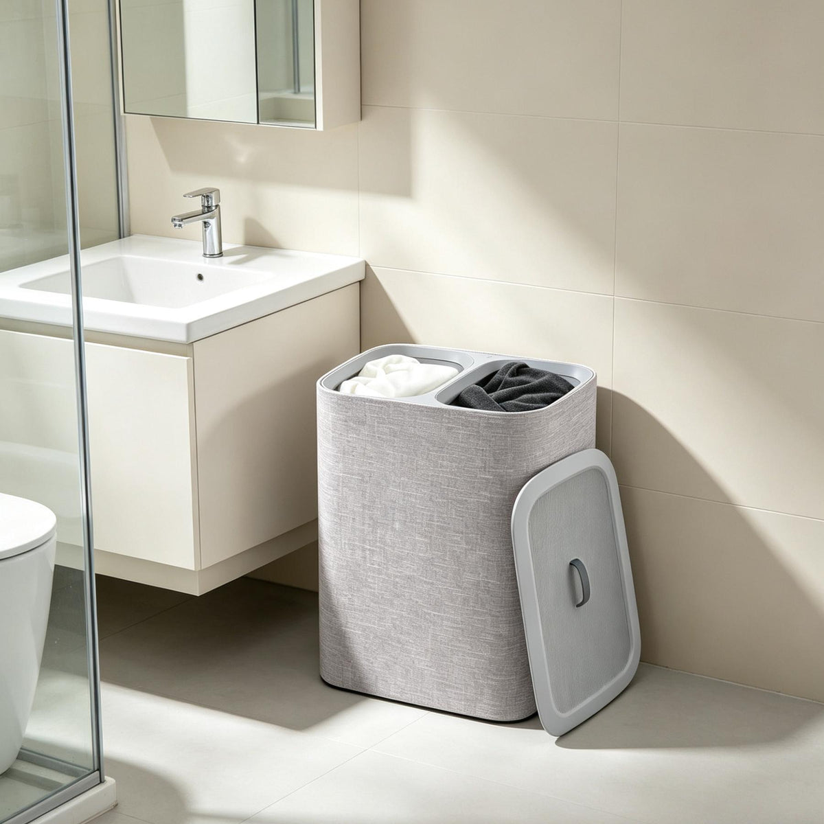Dual Compartment Laundry Hamper with Lid, 2 Removable Washing Bags with Handles, Large Capacity Laundry Separation Basket for Dirty Clothes