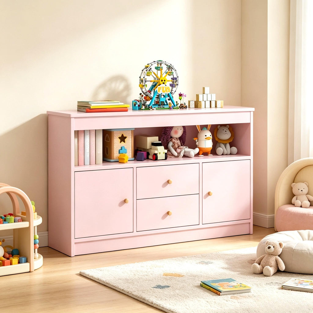 Wooden Kids Toy Storage Organizer, Children’s Bookcase with Open Shelf, 2 Cabinets & 2 Pull‑Out Drawers, Anti‑Tip Toy Books Storage Cabinet for Playroom, Bedroom, Nursery & Daycare`