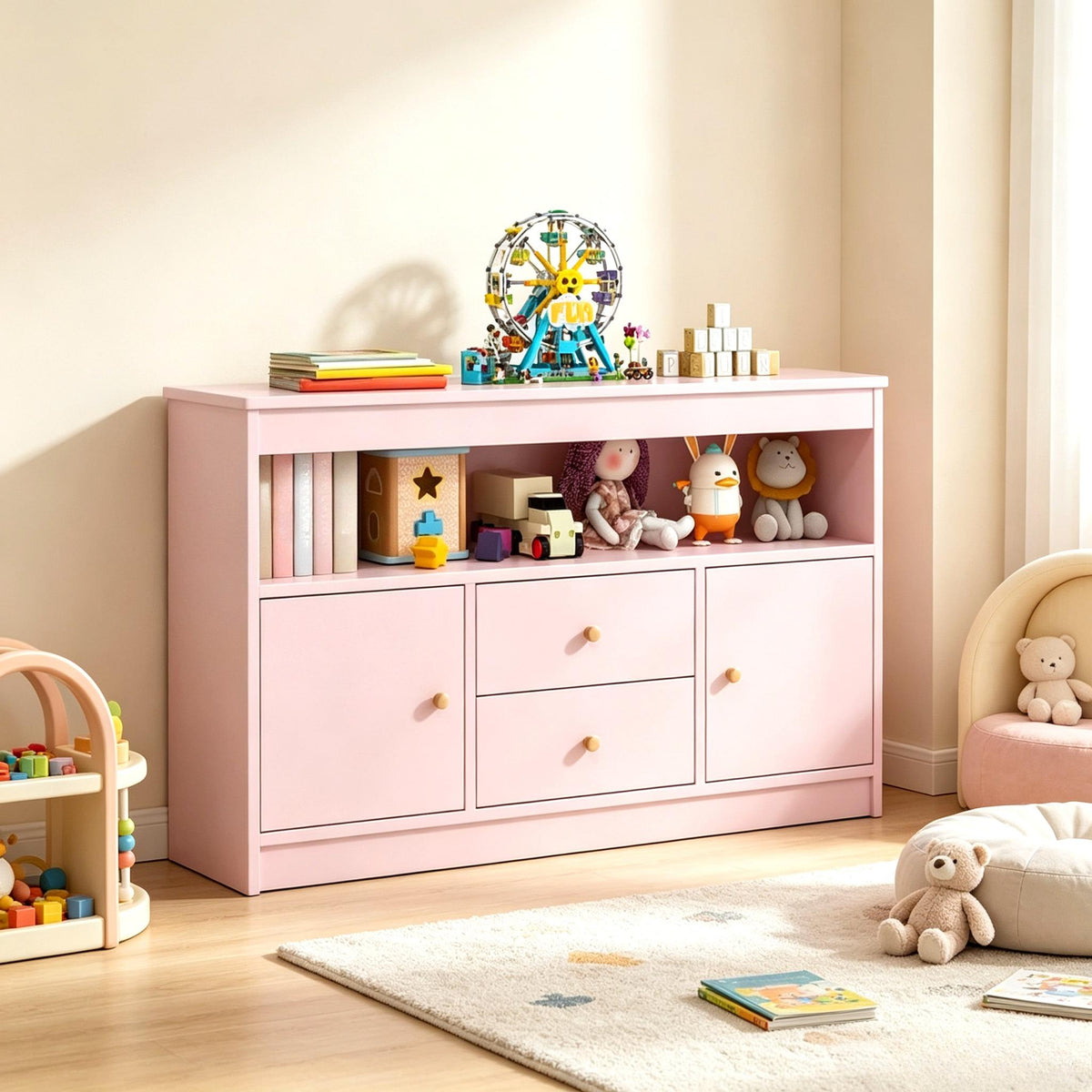 Wooden Kids Toy Storage Organizer, Children’s Bookcase with Open Shelf, 2 Cabinets & 2 Pull‑Out Drawers, Anti‑Tip Toy Books Storage Cabinet for Playroom, Bedroom, Nursery & Daycare`