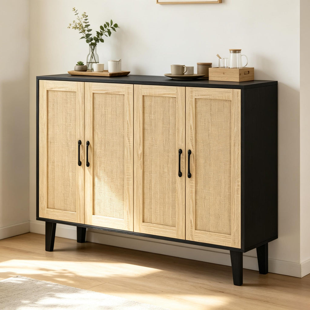 Modern Rattan Sideboard Cabinet, Wooden Buffet Storage Console with Rattan Decor Doors, Versatile Accent Storage Furniture for Kitchen, Living Room, Hallway Entryway