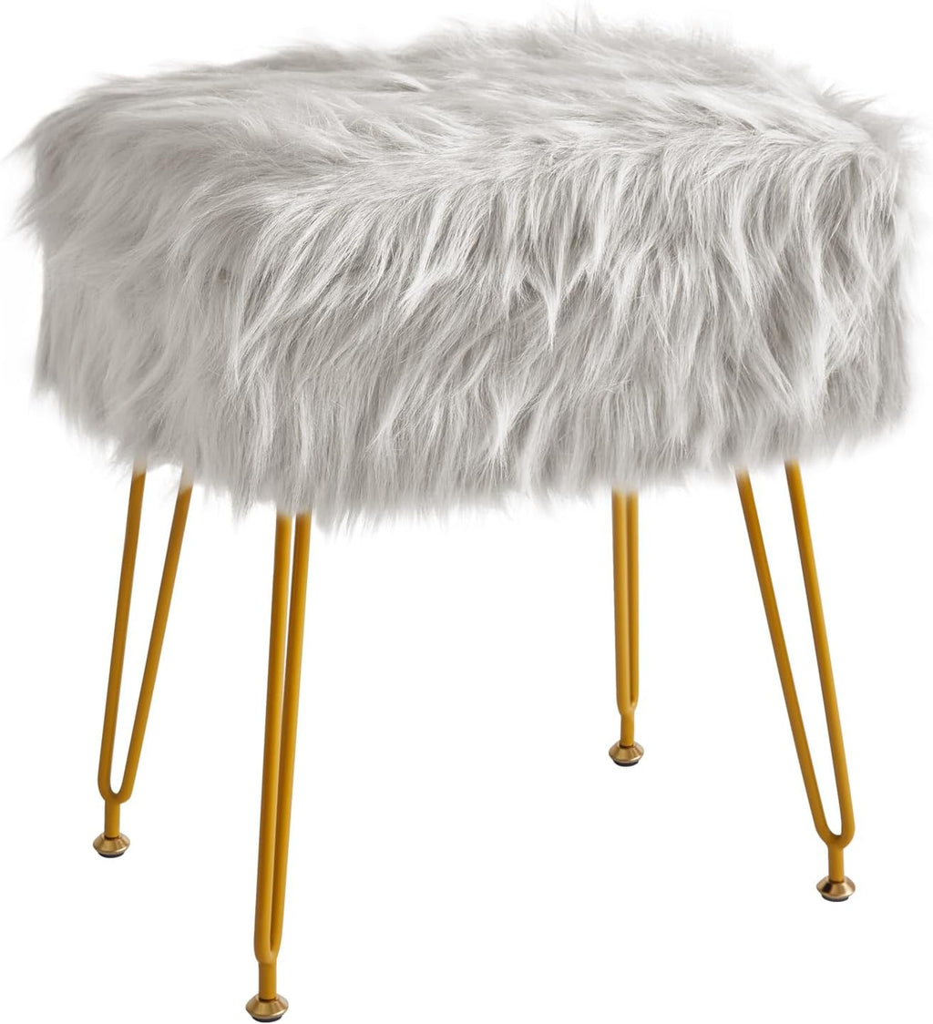 Rectangular Faux Fur Vanity Stool with Storage, Furry Makeup Chair Ottoman, Soft Padded Seat, Round Footrest Footstools with 4 Metal Legs, for Living Room Bedroom Entryway,