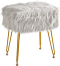 Rectangular Faux Fur Vanity Stool with Storage, Furry Makeup Chair Ottoman, Soft Padded Seat, Round Footrest Footstools with 4 Metal Legs, for Living Room Bedroom Entryway,