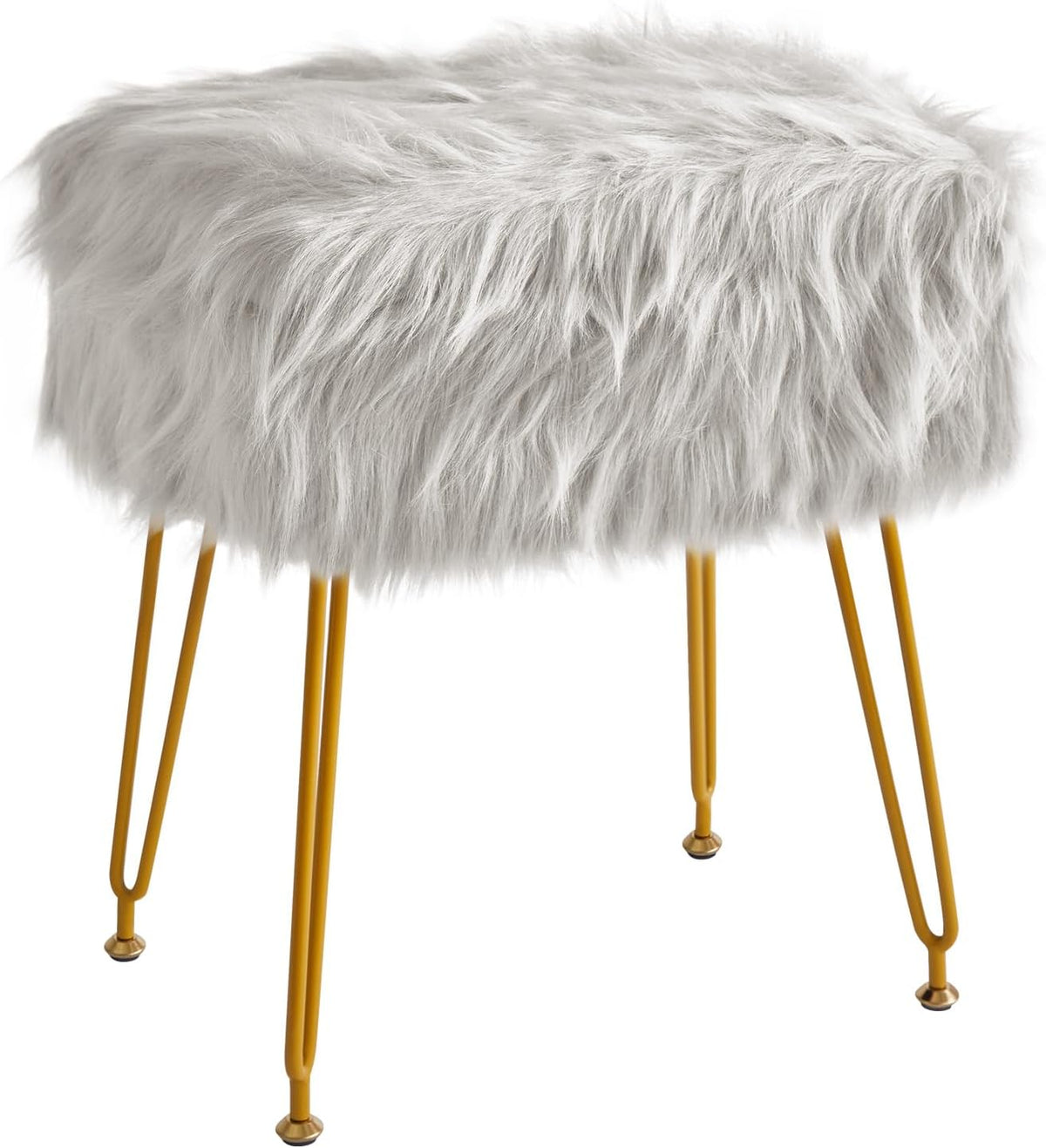 Rectangular Faux Fur Vanity Stool with Storage, Furry Makeup Chair Ottoman, Soft Padded Seat, Round Footrest Footstools with 4 Metal Legs, for Living Room Bedroom Entryway,