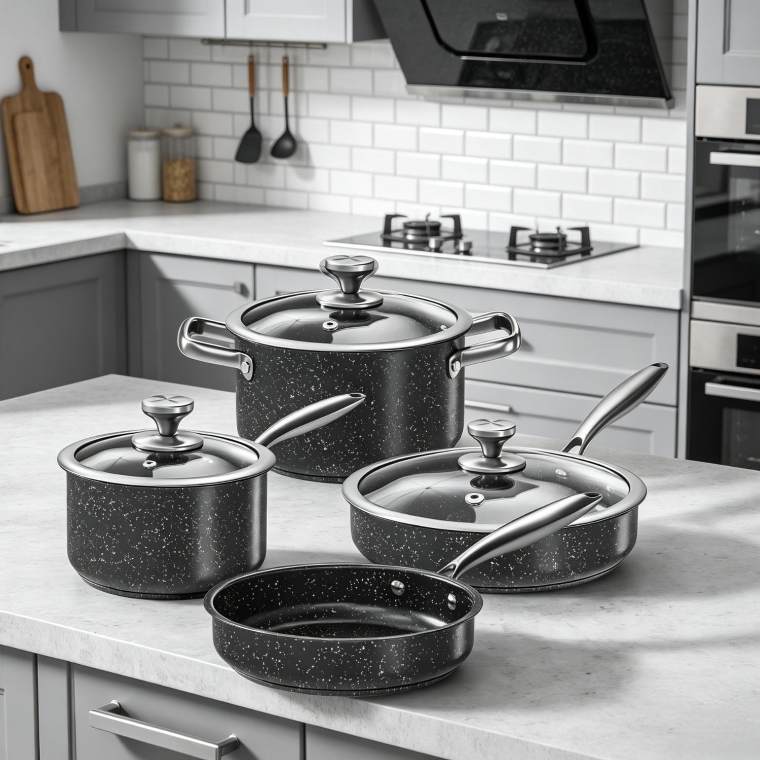 Stainless Steel Pots and Pans Set, 7-Piece Induction Hob Pan Set with Stay Cool Handles, Nonstick Saucepan Set Cooking Pans Set with Glass Lids, Black Granite Kitchen Cookware Set, for All Stove