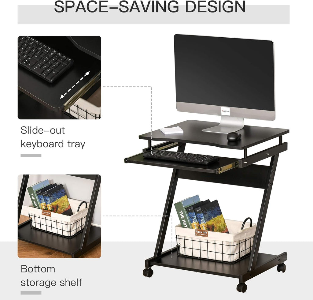 Movable Computer Desk with 4 Moving Wheels Sliding Keyboard Tray Home Office Workstation White