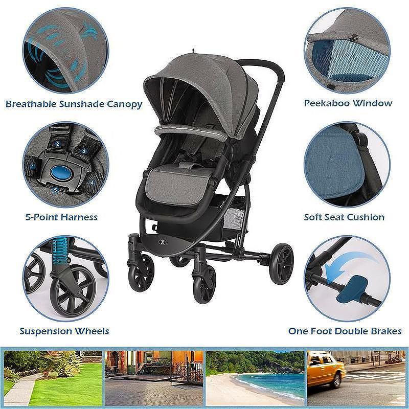 Pram 2-in-1 Travel System, Foldable Baby Pushchair with Reversible Seat, Reclinable Bassinet/Carrycot,Cover, Newborn To Toddler Stroller, Black & Grey