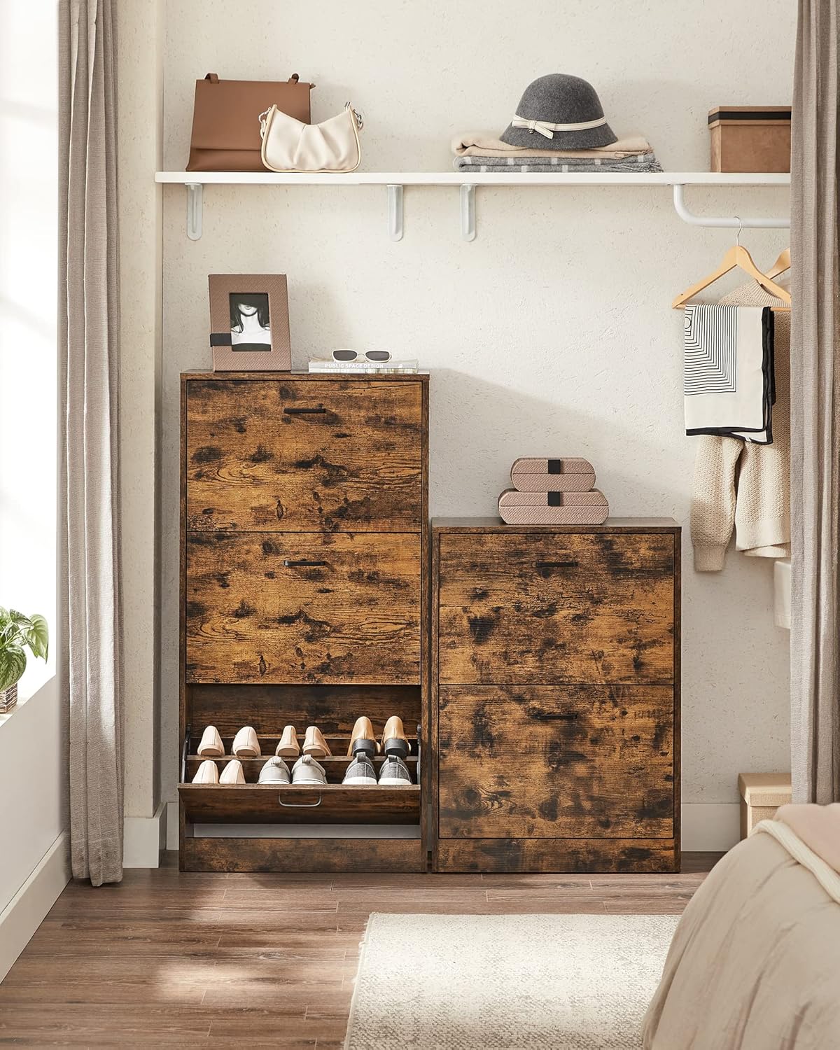 Shoe Cabinet With 2 Flip Doors, Adjustable And Removable Divider, 12 Pairs Of Women's Shoes Or 8 Men's Shoes, Narrow Entrance, 60 X 24 X 83.5 (L X W X H), Rustic Brown LBC02BX